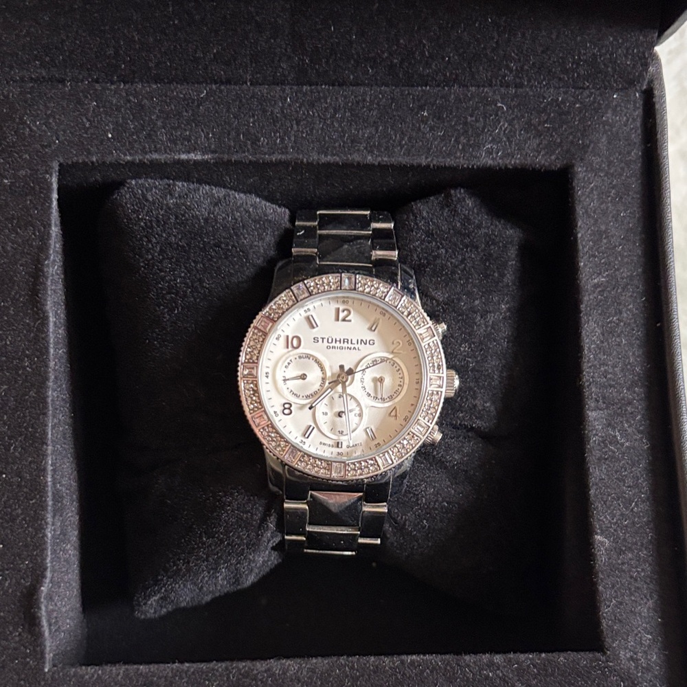 Stuhrling Stainless Steel Silver Chronograph Watch with Swarovski Crystals
